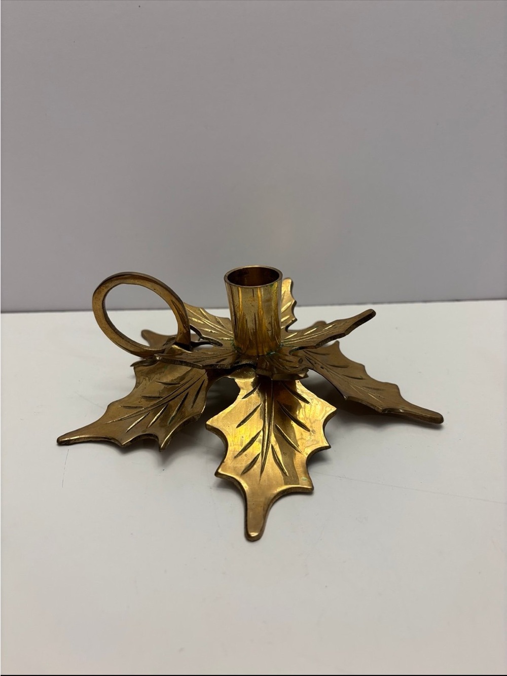 Vintage Brass Holly Leaf Candle Holder with Ring Handle